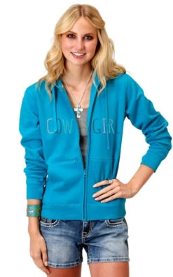 Roper Cowgirl Zip Hoodie With Thumb Holes -Riding Apparel Store cowgirl hoodie thumb holes blue front 0309805144033 roper 38109.1653413363