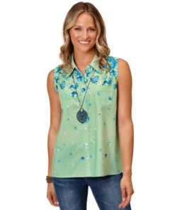 Roper Southwest Floral Shirt Sleeveless -Riding Apparel Store floral sleeveless green front1 0305205900574 roper 97131.1686073219