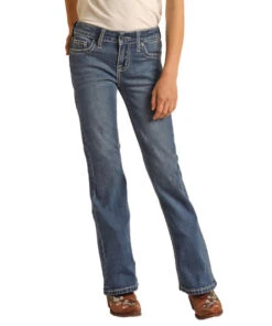 Girls Rock & Roll Cowhide Trim Bootcut Jean -Riding Apparel Store girls cowhide trim jean front RRGD4MR108 BZ RR 33654.1678746163