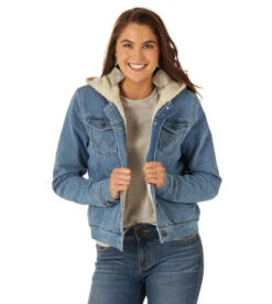 Wrangler Women's Denim Sherpa Hooded Jacket 7 Wrangler Women's Denim Sherpa Hooded Jacket -Riding Apparel Store hood denim jacket sherpa denim front 112317280 wrangler 77406.1663189613