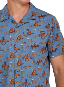 Men's Cinch Horse Print Camp Shirt -Riding Apparel Store horse print camp shirt blue detail MTW1401009 miller 77460.1668118848