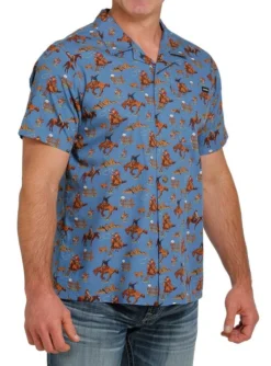 Men's Cinch Horse Print Camp Shirt -Riding Apparel Store horse print camp shirt blue side MTW1401009 miller 13299.1668118849