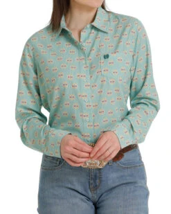 Cinch ArenaFlex Green Print Shirt -Riding Apparel Store lds arenaflex print sl green front MSW9163011 cinch 93147.1678830659