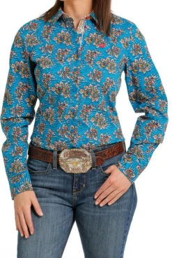 Cinch Performance Shirt No Pockets -Riding Apparel Store lds cinch print ls blue front MSW9165033 cinch 21424.1689020640