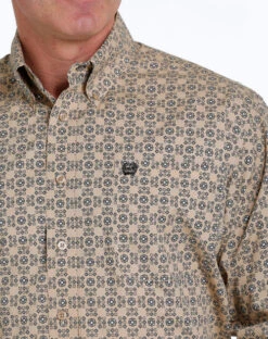 Men's Cinch Khaki Geo Print Shirt Long Sleeve -Riding Apparel Store print shirt ls khaki detail MTW1105532 cinch 59727.1677603793