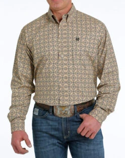 Men's Cinch Khaki Geo Print Shirt Long Sleeve