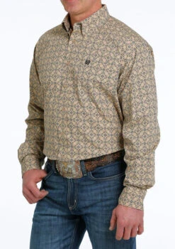 Men's Cinch Khaki Geo Print Shirt Long Sleeve -Riding Apparel Store print shirt ls khaki side MTW1105532 cinch 73232.1677603798