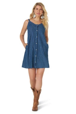 Wrangler Snap Front Dress -Riding Apparel Store snap front indigo dress front full WD161B wrangler 82968.1615761797