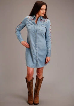 Stetson Southwest Embroidered Denim Dress -Riding Apparel Store southwest embroidered dress denim front 1105705942010 stetson 72548.1678230659