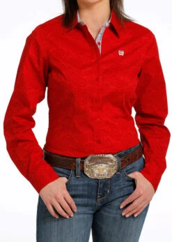 Cinch Performance Shirt No Pockets -Riding Apparel Store subtle print ls red front MSW9165035 cinch 84687.1689018467