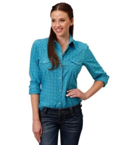 Roper Windowpane Plaid Snap Shirt -Riding Apparel Store windowpane plaid ls turq.org front 0105001016074 roper 41890.1666809640