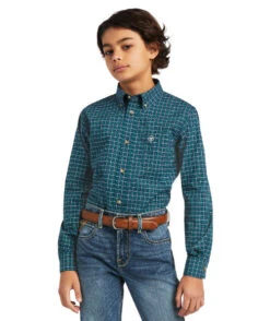 Boys Ariat Declan Stretch Shirt -Riding Apparel Store youth declan stretch LS deep pacific front 10039568 ariat 43422.1645570799